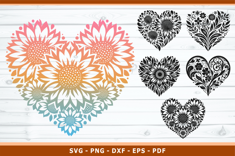 Sunflower Heart SVG, Floral Heart SVG, Boho Flowers Hearts