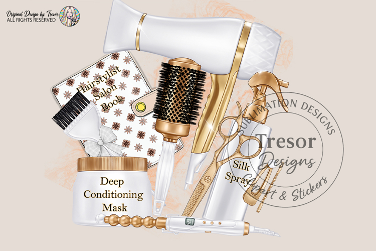 Luxury Hair Salon Sublimation PNG White & Gold Beauty Tools