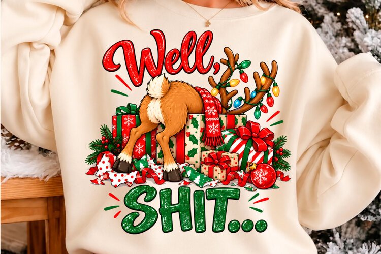 Well Shit Funny Christmas Reindeer PNG Christmas T-shirt des example image 1