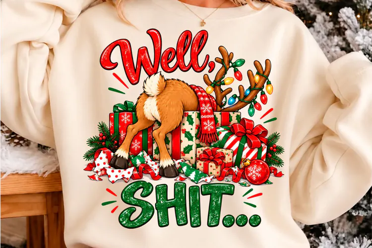 Well Shit Funny Christmas Reindeer PNG Christmas T-shirt des