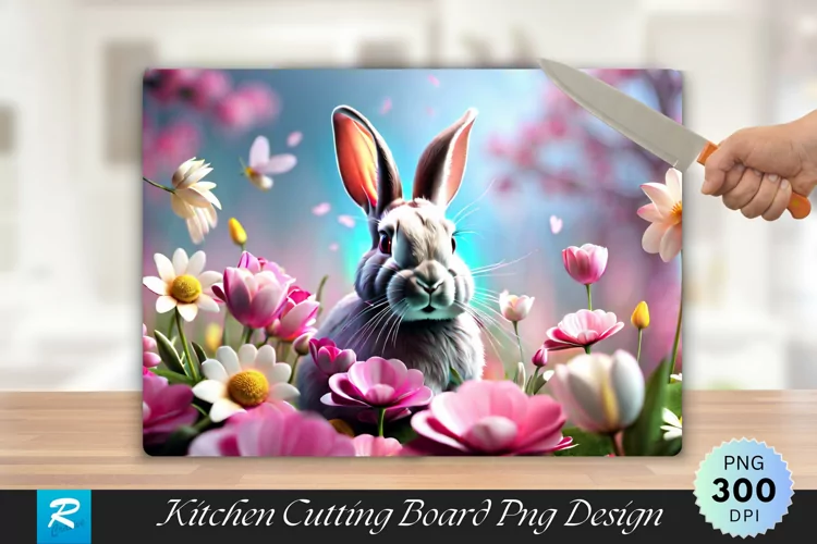 3D Rabbit With Flowers Cutting Board Sublimation Design