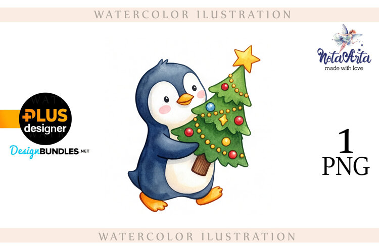 Christmas Penguins in Watercolor Style example image 1