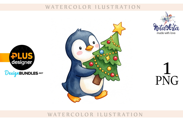 Christmas Penguins in Watercolor Style
