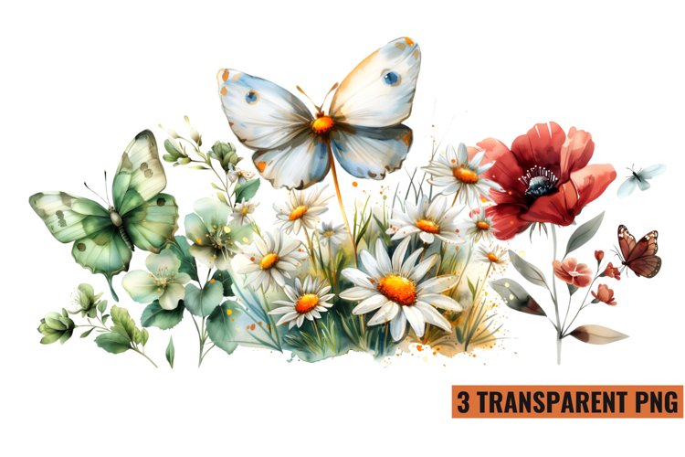 Watercolor Butterflies With Flowers Clipart PNG ,