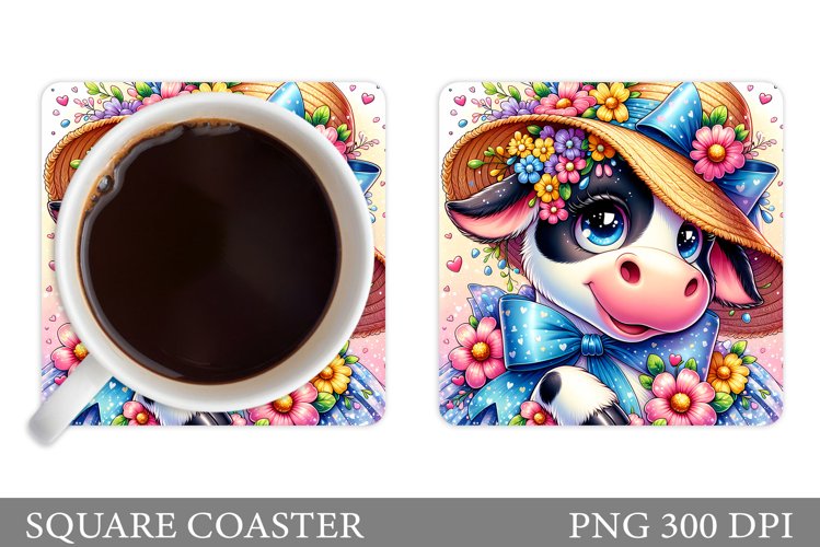Cute Cow Coaster Design. Spring Cow Coaster Sublimation example image 1