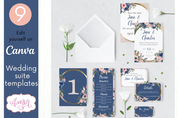 Navy and Pink Floral Wedding Canva Templates Bundle