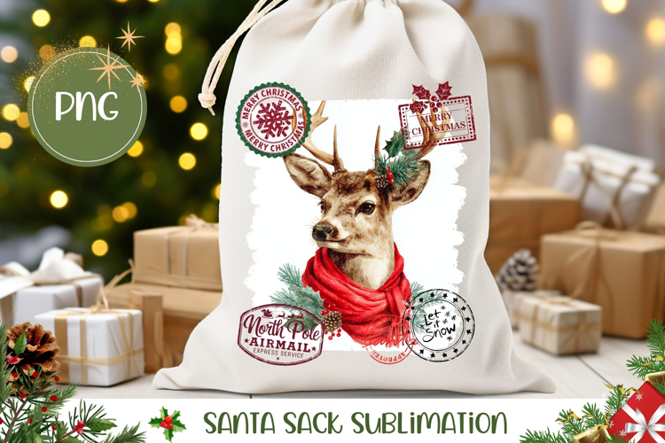 Winter Deer Santa Sack Template, Christmas Gift Bag