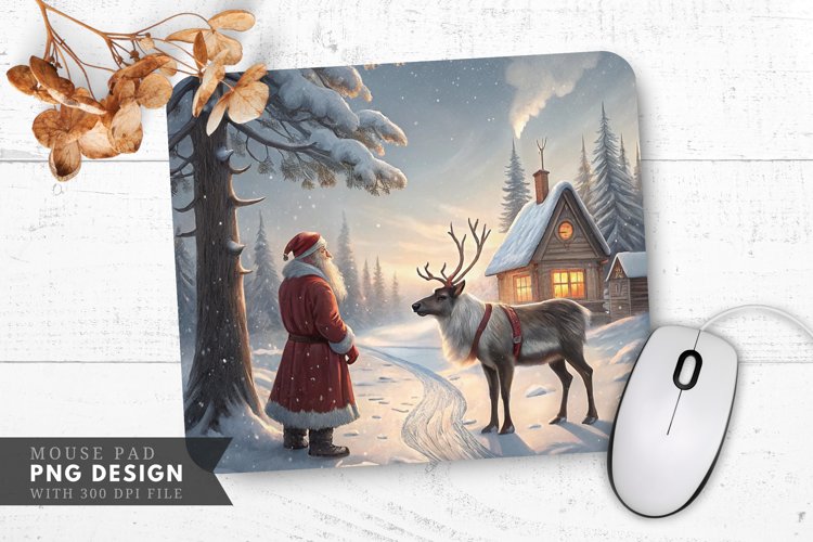 Santa and Reindeer in a Snowy Woodland Mouse Pad PNG