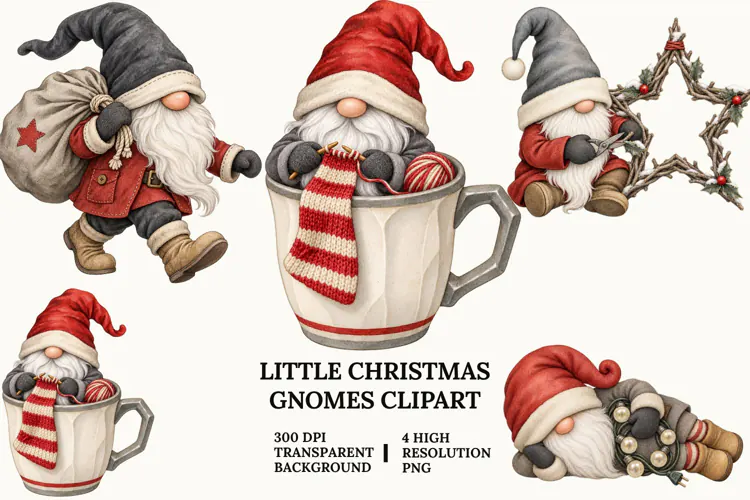 Little Christmas Gnome Clipart with Lights, Ornaments and Be