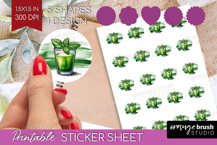 Basil Smash Cocktail Round Sticker Summer Drink Printable