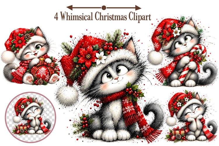 Whimsical Christmas Cat Clipart, Christmas Cat PNG example image 1