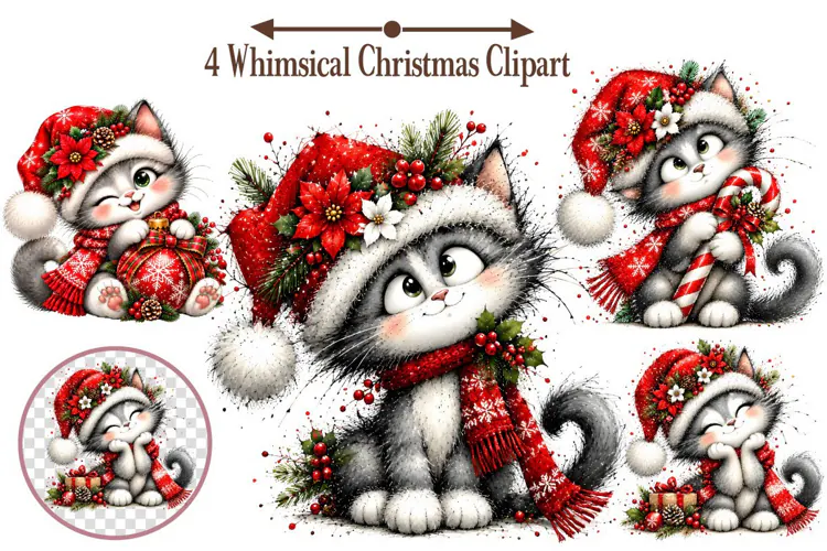 Whimsical Christmas Cat Clipart, Christmas Cat PNG
