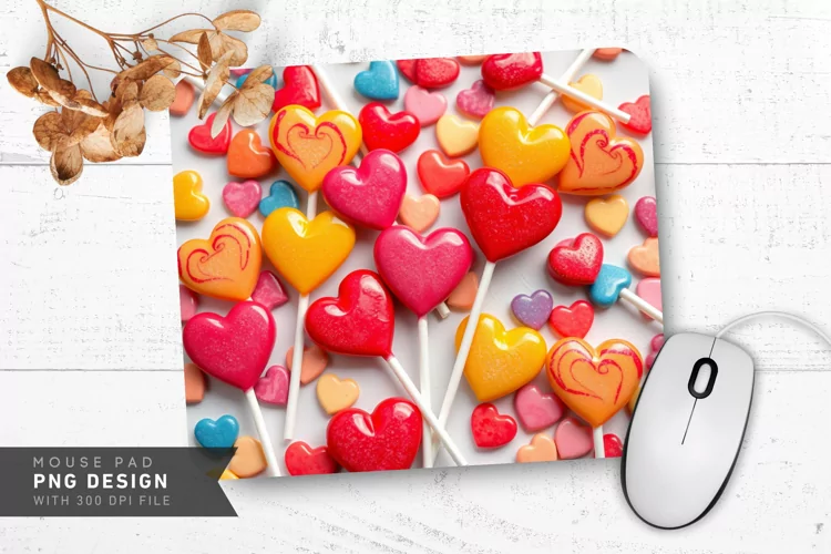 Colorful Heart Lollipops Mouse Pad PNG Design