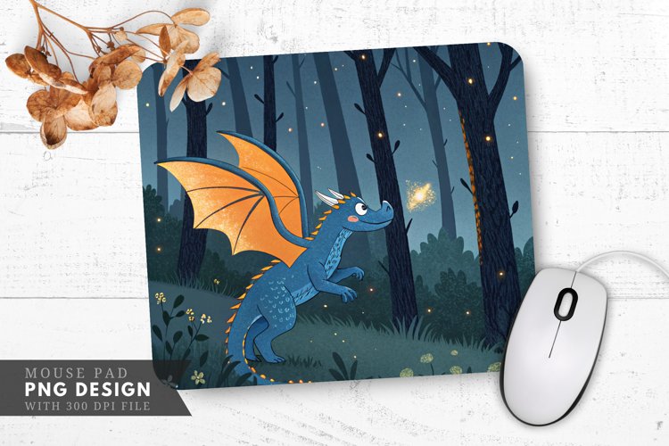 Nighttime Adventure Tiny Blue Dragon Mouse Pad PNG Design
