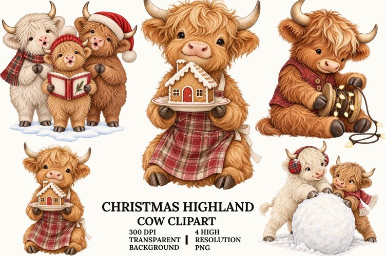Christmas Highland Cow Clipart with Cozy Winter Holiday PNG example image 1