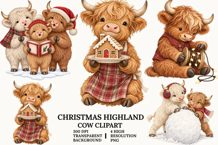 Christmas Highland Cow Clipart with Cozy Winter Holiday PNG