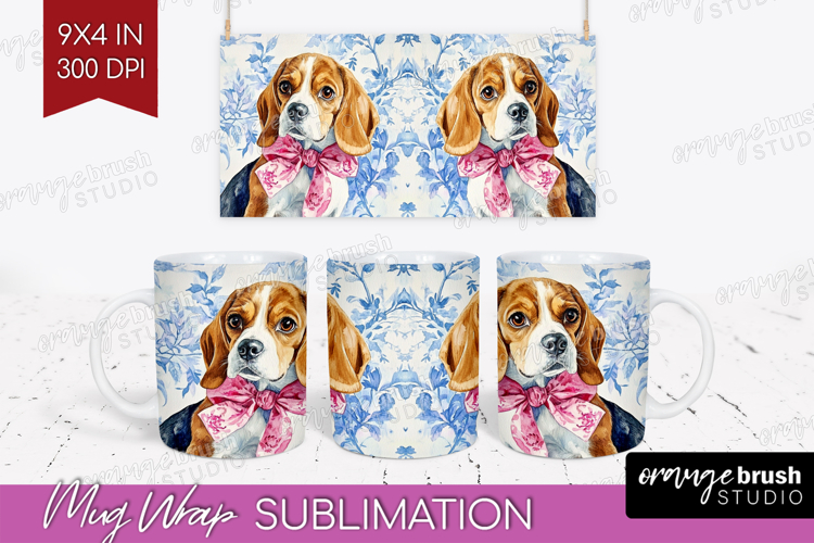 Beagle Dog Mug Wrap Blue Toile Mug PNG Sublimation
