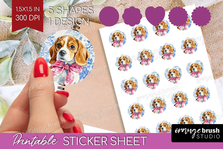 Beagle Dog Round Sticker Blue Toile Printable Sticker Sheet