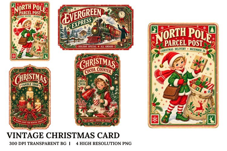 Vintage Christmas Card PNG Snowman Skating Sublimation Craft example image 1