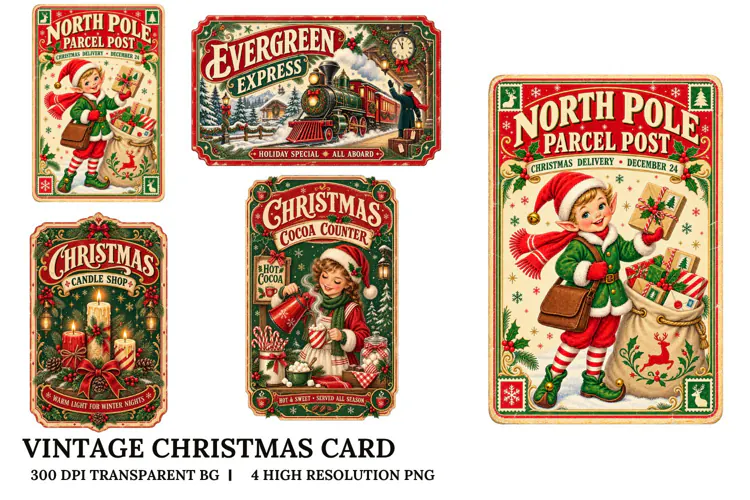 Vintage Christmas Card PNG Snowman Skating Sublimation Craft