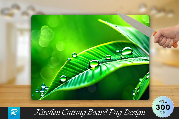 Water Drops on a Green Leaf Cutting Board Sublimation Design example image 1