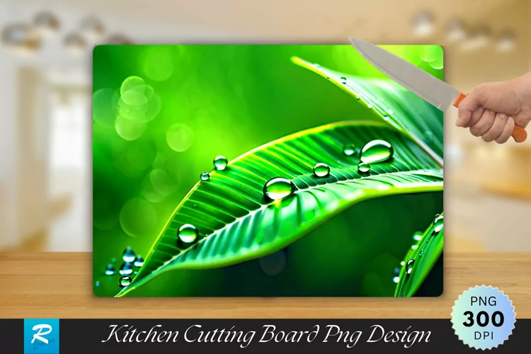 Water Drops on a Green Leaf Cutting Board Sublimation Design