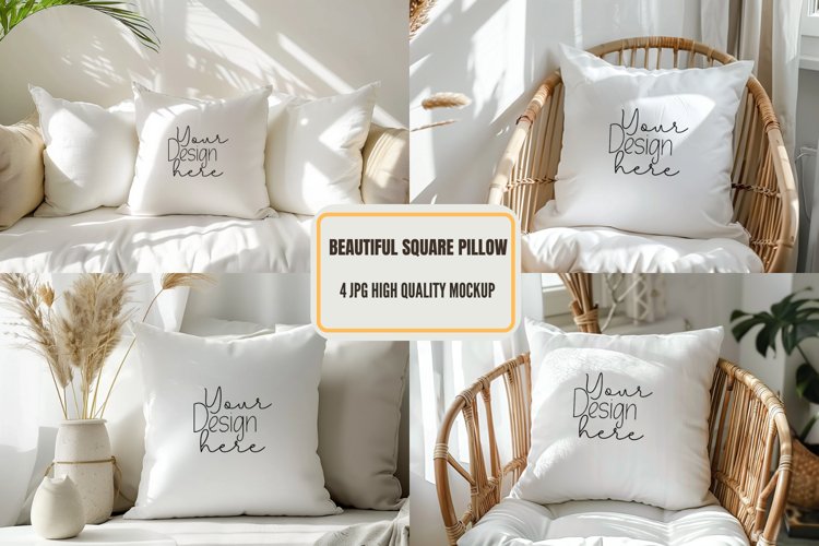 Pillow Mockup, White Square Pillow Mockup, Lay Flat Pillow example image 1