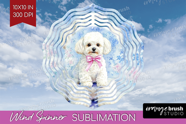 Bichon Frise Dog Wind Spinner Sublimation PNG Blue Toile