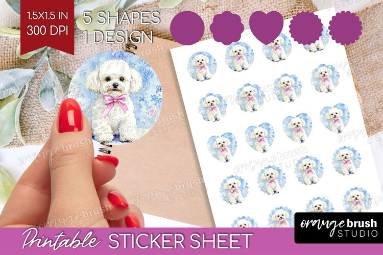 Bichon Frise Dog Round Sticker Blue Toile Printable Sticker example image 1