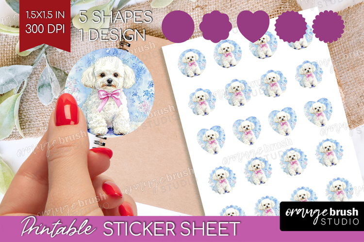 Bichon Frise Dog Round Sticker Blue Toile Printable Sticker