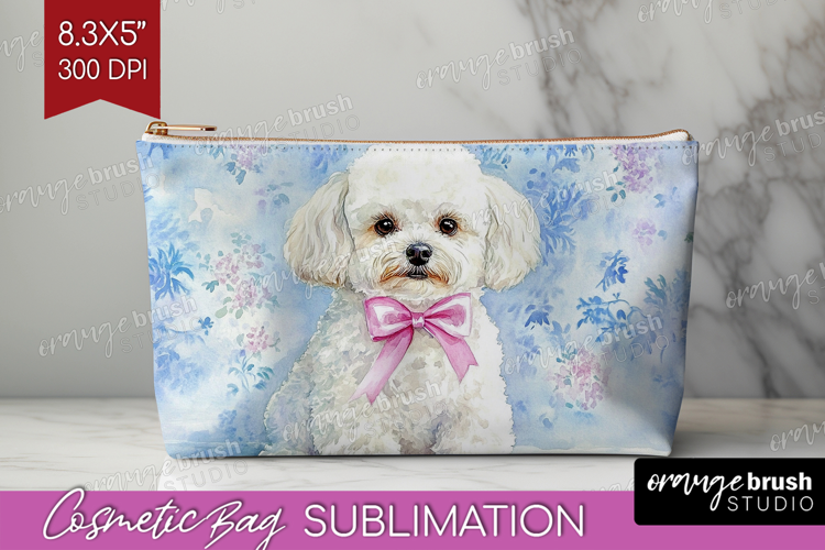 Bichon Frise Dog Cosmetic Bag Blue Toile Makeup Bag PNG