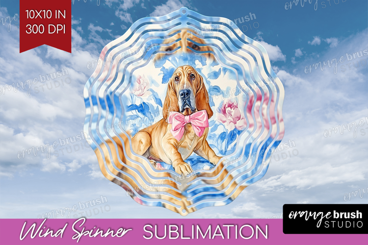 Bloodhound Dog Wind Spinner Sublimation PNG Blue Toile Round