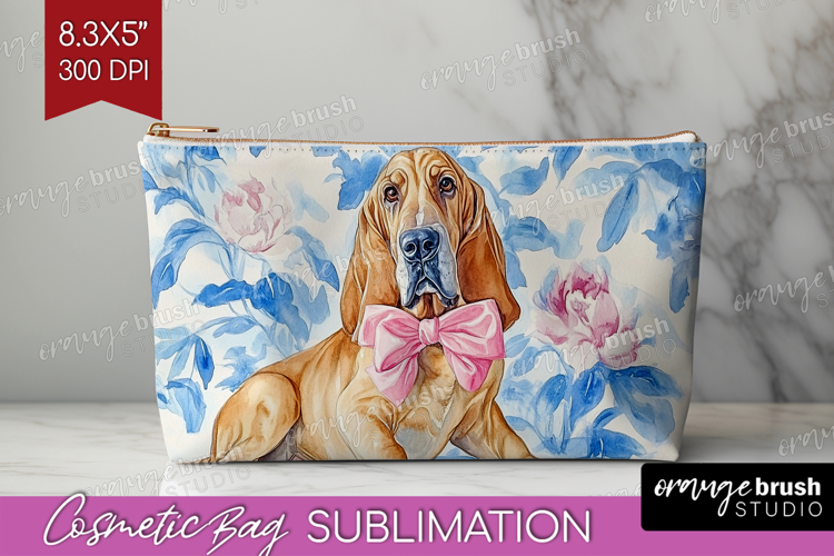 Bloodhound Dog Cosmetic Bag Blue Toile Makeup Bag PNG