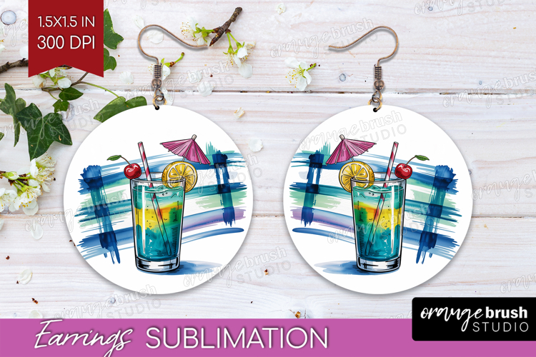 Blue Lagoon Cocktail Round Earrings Summer Drink PNG