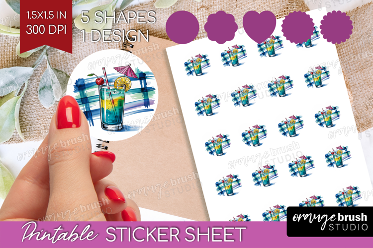 Blue Lagoon Cocktail Round Sticker Summer Drink Printable
