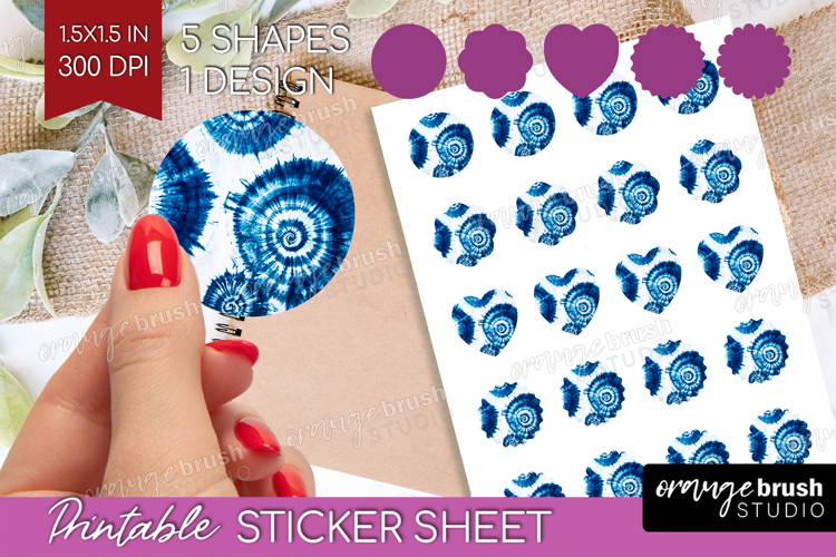Blue Tie Dye Round Sticker - Shibori Printable Sticker Sheet