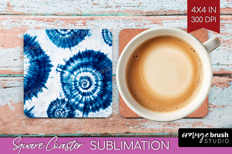 Blue Tie Dye Square Coaster - Shibori Coaster PNG