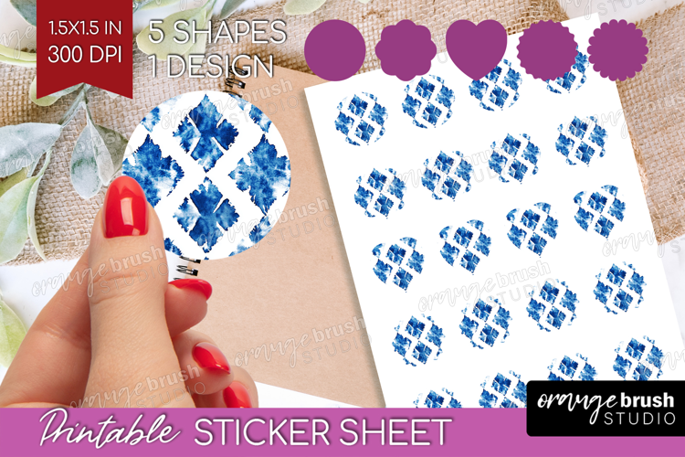 Blue Tie Dye Round Sticker - Shibori Printable Sticker Sheet