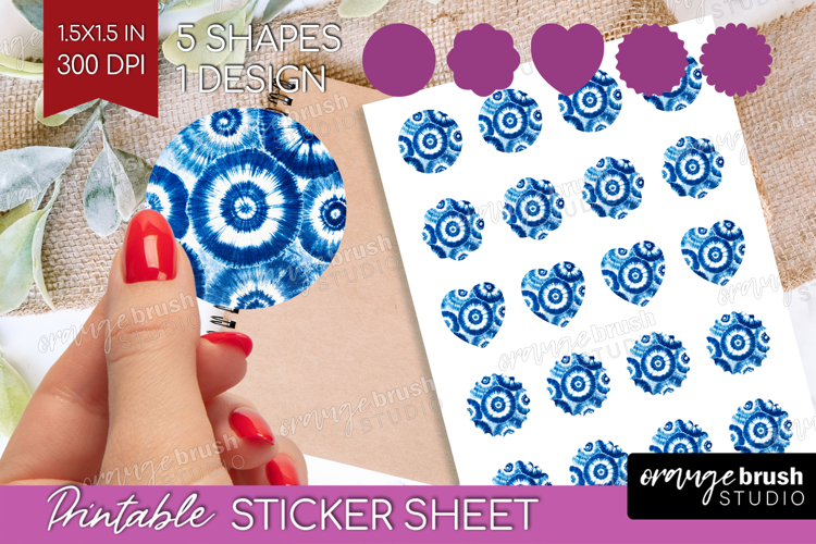 Blue Tie Dye Round Sticker - Shibori Printable Sticker Sheet