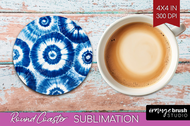 Blue Tie Dye Round Coaster - Shibori Coaster PNG Sublimation