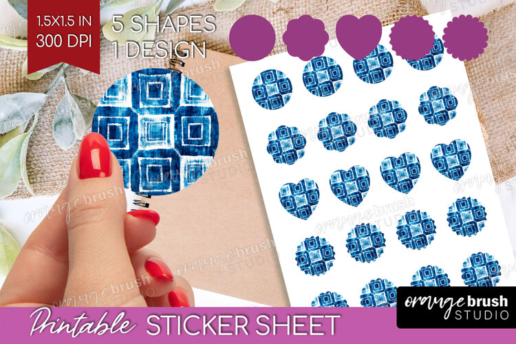 Blue Tie Dye Round Sticker - Shibori Printable Sticker Sheet example image 1