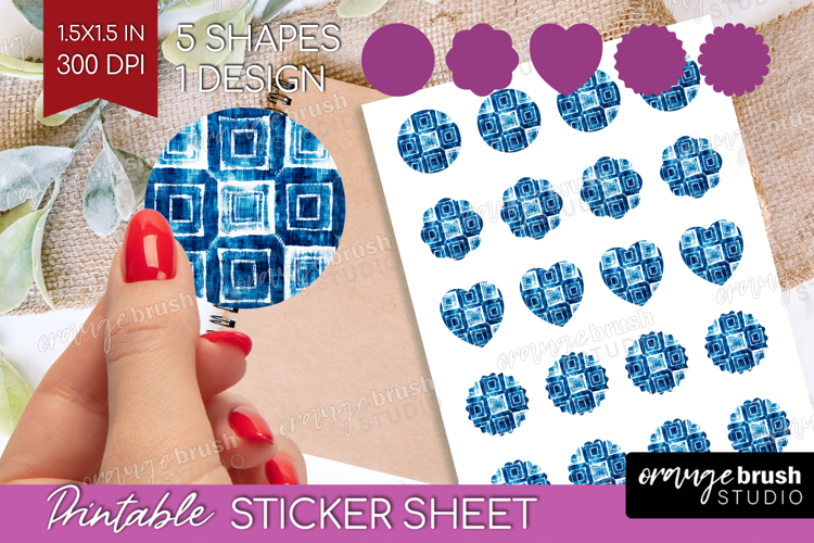 Blue Tie Dye Round Sticker - Shibori Printable Sticker Sheet