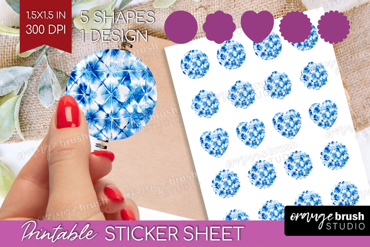Blue Tie Dye Round Sticker - Shibori Printable Sticker Sheet