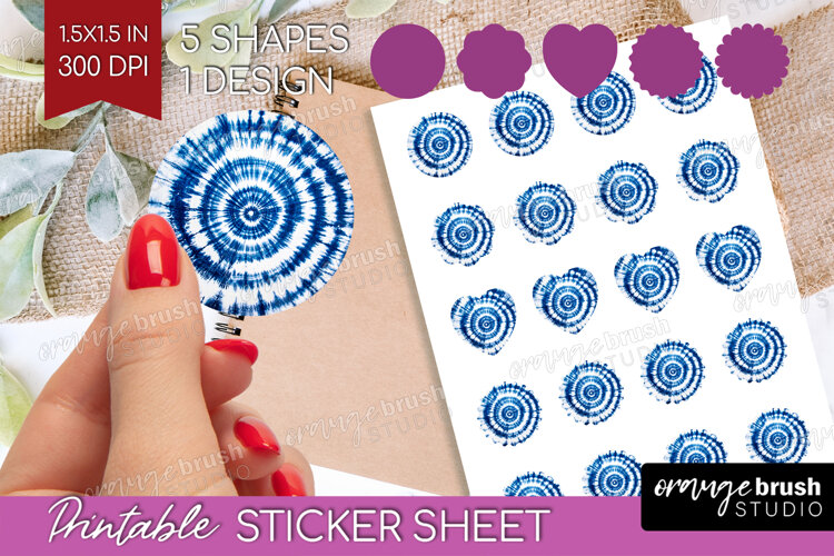 Blue Tie Dye Round Sticker - Shibori Printable Sticker Sheet example image 1