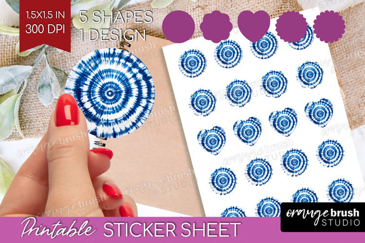 Blue Tie Dye Round Sticker - Shibori Printable Sticker Sheet