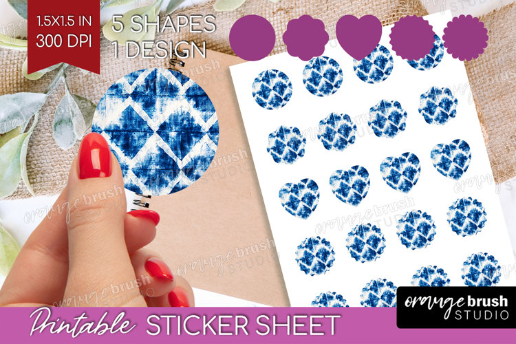 Blue Tie Dye Round Sticker - Shibori Printable Sticker Sheet
