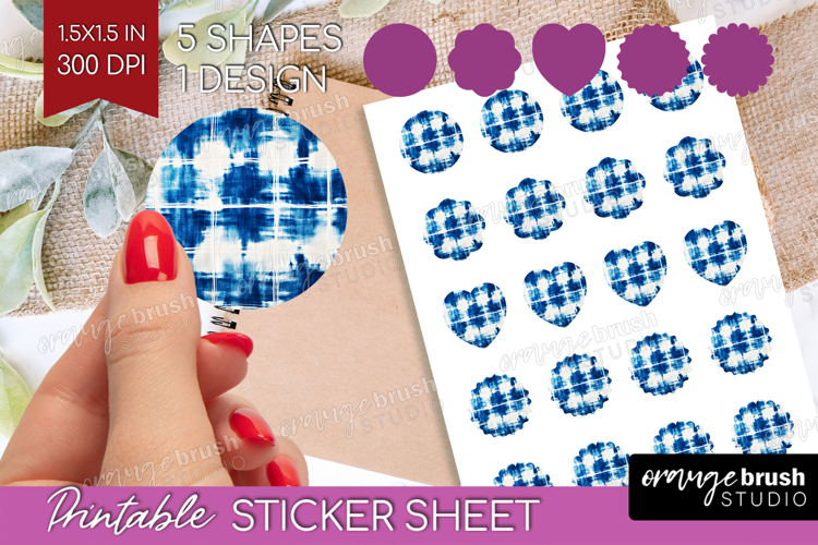Blue Tie Dye Round Sticker - Shibori Printable Sticker Sheet