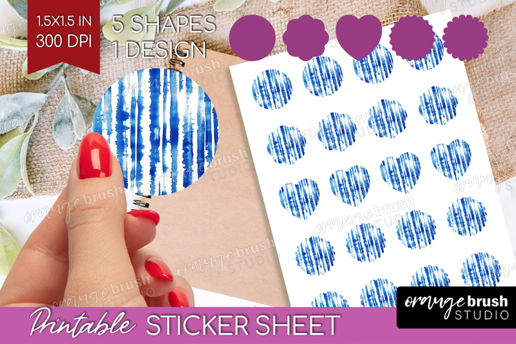 Blue Tie Dye Round Sticker - Shibori Printable Sticker Sheet