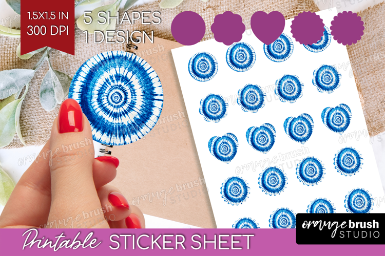 Blue Tie Dye Round Sticker - Shibori Printable Sticker Sheet