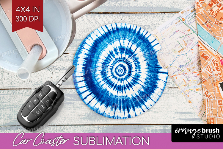 Blue Tie Dye Car Coaster - Shibori Coaster PNG Sublimation